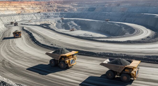 Massive haul trucks transport extracted materials through a vast open-pit mine under a clear sky.
