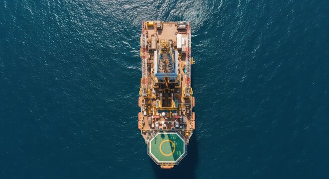 Massive offshore drilling rig vessel operating on the open ocean, top-down aerial view.