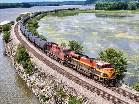 Savanna, Illinois June 24, 2026 Kansas City Southern 4112 SD70ACe Locomotive pulling mixed freight along the Mississippi river