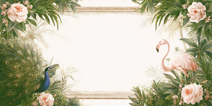 Vintage Tropical Garden Frame with Peacock Flamingo and Peonies for Wedding Invitation Background