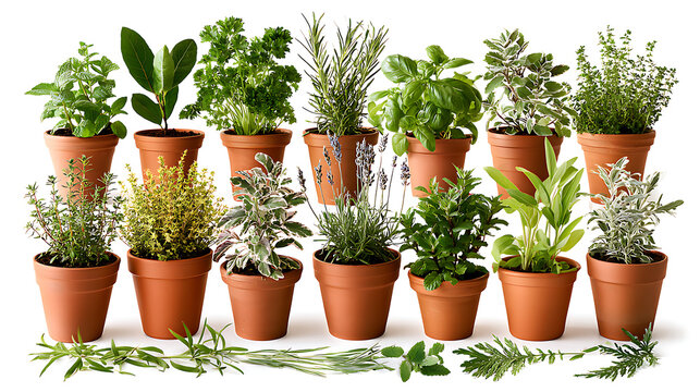 Varieties of peppermint, bay leaf, flat and curly parsley, rosemary, basil, oregano, purple and variegated sage, golden, silver and garden thyme, marjoram, lavender, lemon balm, tarragon, hyssop, choc