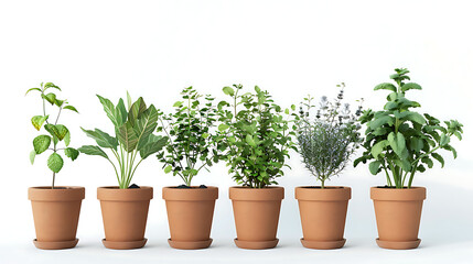 Fototapeta premium Each terracotta pot features a plant depicted next to a fresh sprig of the same herb.