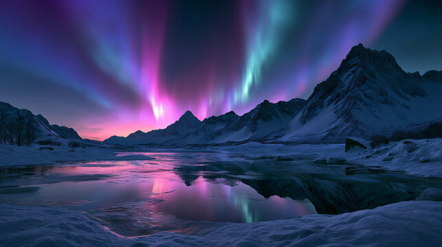 Pink and green aurora borealis reflecting on a frozen winter lake