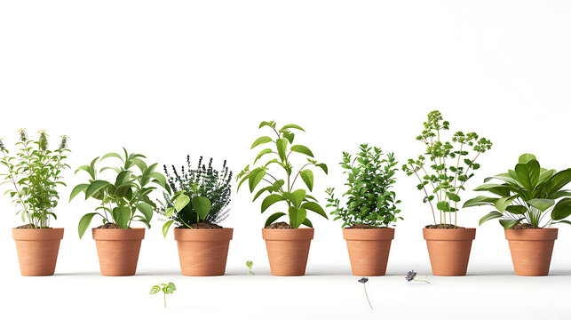 The botanical composition on each terracotta pot is accompanied by a fresh sprig of the same plant placed nearby.