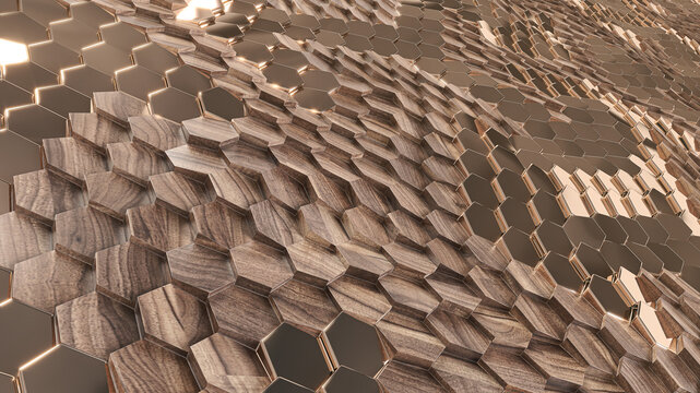 Luxury 3D abstract background combining natural wooden hexagonal tiles and reflective rose gold metallic surface in a wavy modern architectural pattern.