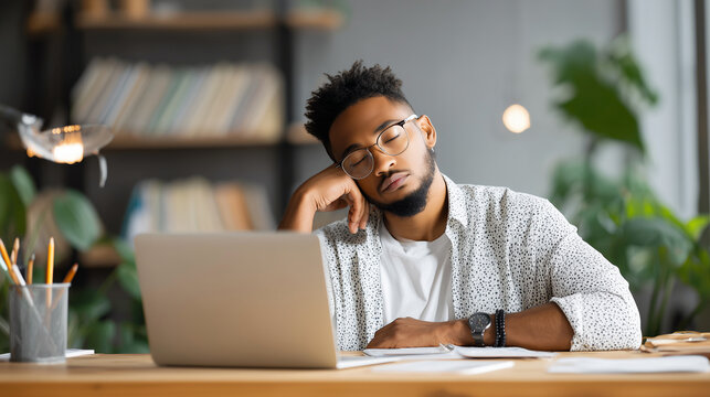 Young man looking tired after a long day of video calls, sitting alone at office desk, candid close up, authentic lifestyle