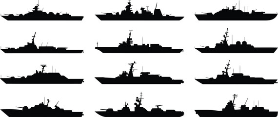 Modern Naval Warship Silhouette Vector Collection, Military Navy Destroyer and Frigate Vessel Icons for Maritime Defense Illustration Design © MsAbuBakkar