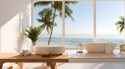 Fototapeta premium Wooden tabletop mockup for a product display in a bright coastal bathroom with a tropical beachside view and a luxurious tub for staging