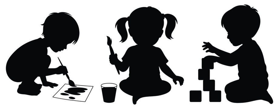 Children Creative Art black silhouettes showing kids drawing painting building blocks and creative learning activities vector illustration