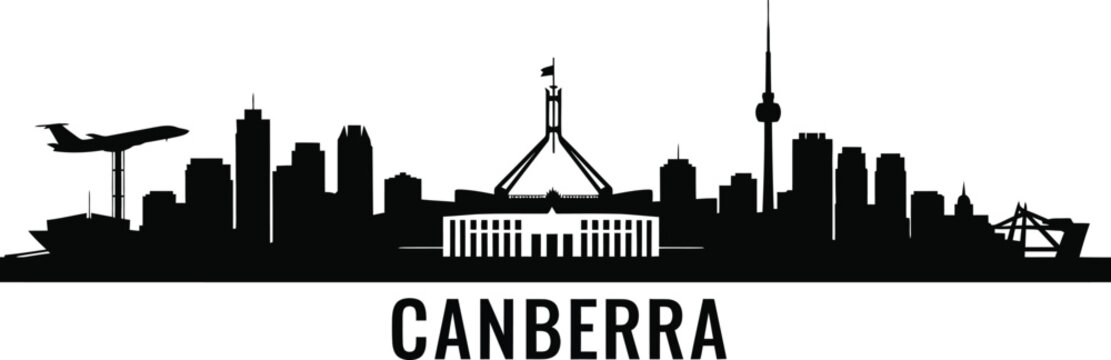 Canberra skyline silhouette with parliament house and telstra tower