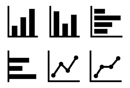 A collection of black and white business infographic icons representing various types of data charts and graphs
