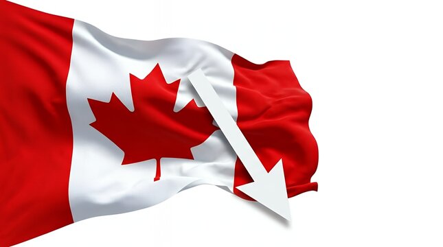 White arrow pointing downward on background of waving Canadian flag representing decline decrease or negative trend in relation to Canada for statistical or conceptual use white arrow fall down