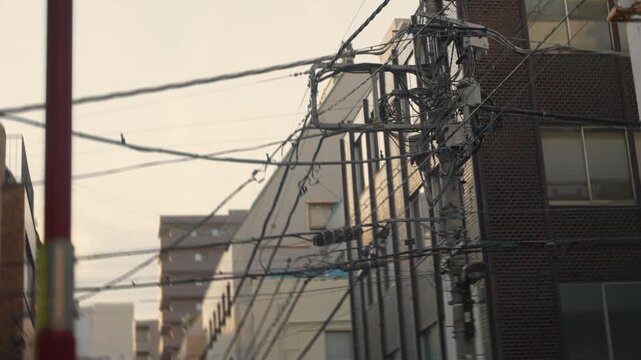 Messy tangle of electrical and telephone wires crisscrossing between utility poles and residential buildings, a typical urban street view in a quiet neighborhood of Tokyo, Japan