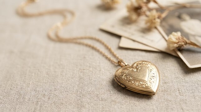 Beautiful gold locket on delicate chain with shallow depth of field focusing on locket representing precious memories sentimental value and timeless jewelry elegance gold locket on chain Shallow
