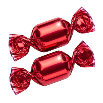 Two shiny red candies wrapped in metallic foil isolated on transparent background, illustration