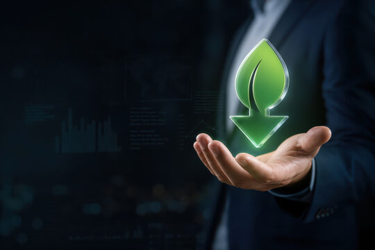 Corporate sustainability icon hand presenting green leaf merged with downward arrow glass-morphism symbol for Scope 4 avoided emissions ESG reporting green finance climate resilience carbon footprint
