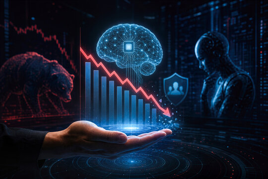 AI market slump concept with hand presenting falling valuations investor caution weakening technology stocks reshaping future of artificial intelligence industry and economic decline