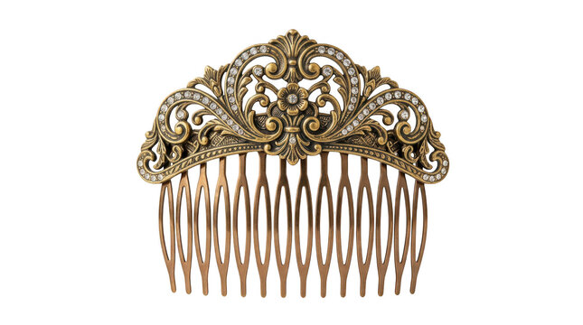 Vintage ornate hair comb with crystals isolated on transparent background