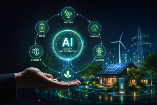 AI Energy Orchestration predictive algorithms balancing solar generation storage consumption grid interaction in real time sustainable residential microgrid ecosystem futuristic eco hand presentation