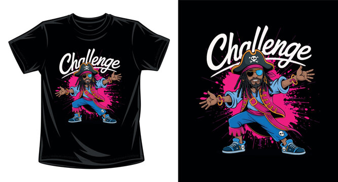 Challenge pirate with dreadlocks and hat with splash background on a black t-shirt design.