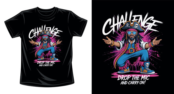 Pirate rapping challenge drop mic and carry on t shirt design vector.