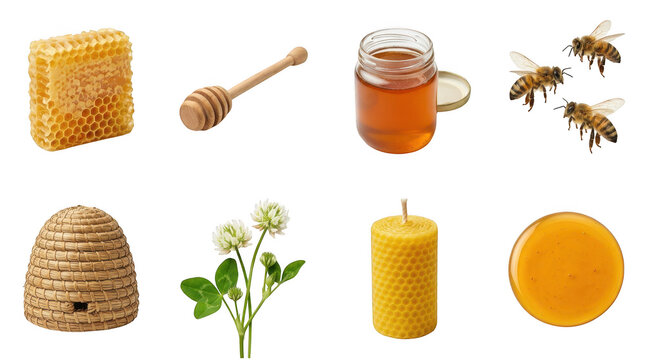 Honeybee elements set with honeycomb, honey jar, dipper, beehive and beeswax candle isolated on transparent background