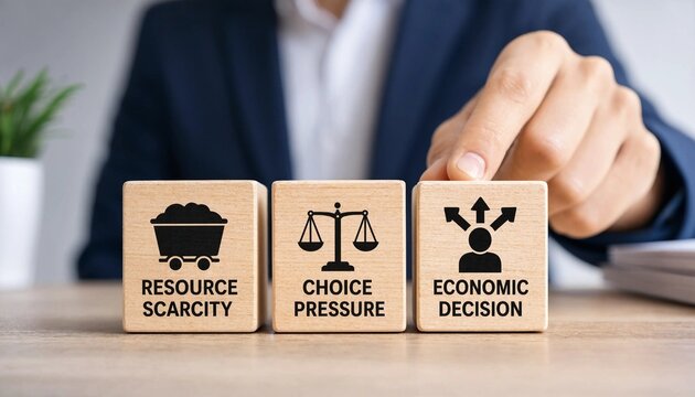 Professional demonstrating economic principles with resource scarcity choice pressure and decision making blocks