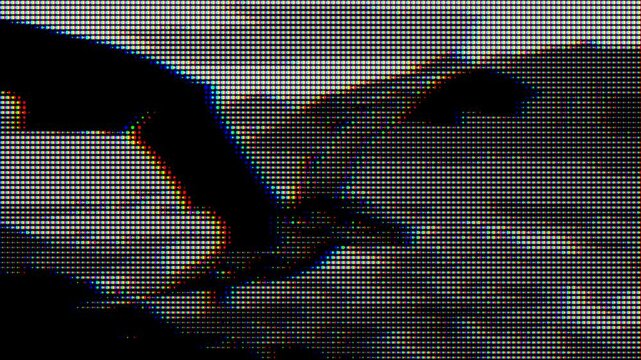A bird soars gracefully through the air, depicted with a striking halftone and pixel art glitch effect. The vibrant chromatic aberration enhances its dynamic movement.