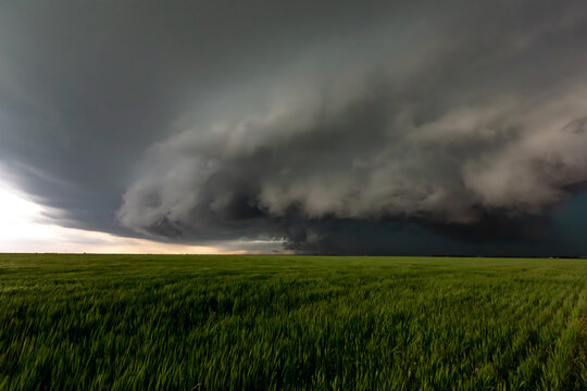 View of a dramatic supercell storm cloud looming over a vast green field in Oklahoma City, Oklahoma, United States.
