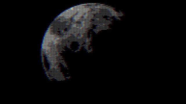 Abstract halftone planet or moon rotates against a dark, cosmic background. Features a retro-futuristic glitch effect and pixel art style.