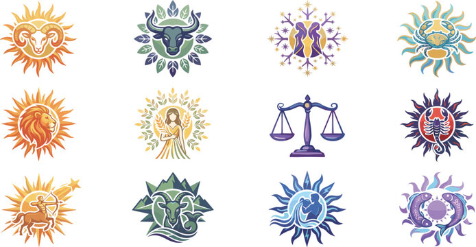 Collection of colorful zodiac signs, astrology symbols, and horoscope icons vector illustration set for design assets