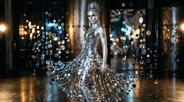 Elegant Silver Fashionista Dancer in Stunning Metallic Dress