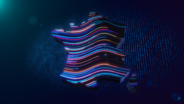 Abstract 3D extruded France map created from glowing neon contour lines over a futuristic particle grid with depth of field, colorful lighting, and modern digital texture.