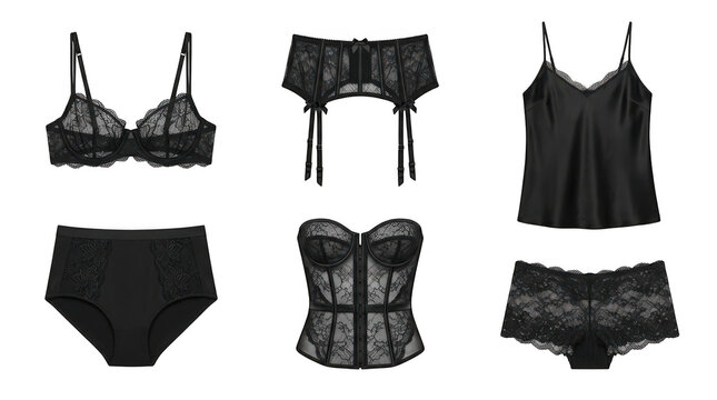 Collection of elegant black lace lingerie isolated on transparent background