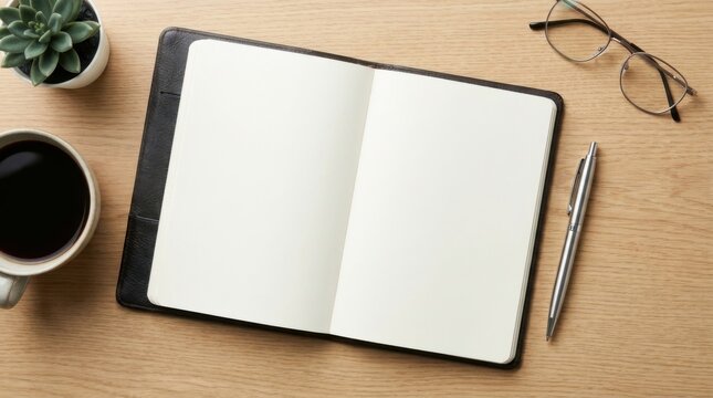 Top view of blank open notebook on modern corporate desk with pen and coffee cup