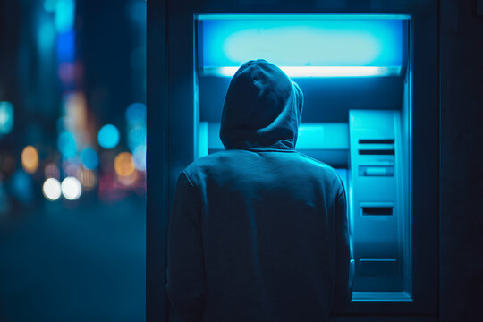 Person using illuminated street ATM cash machine night