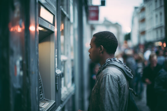 African American young man using street ATM cash machine&nbsp;