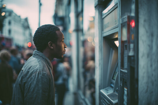 African American young man using street ATM cash machine&nbsp;