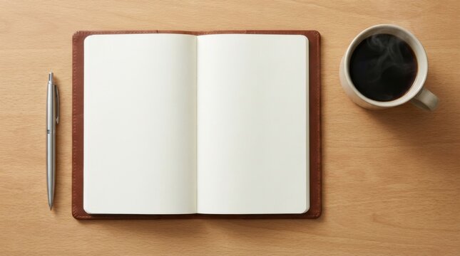 Top view of blank open notebook on modern corporate desk with pen and coffee cup