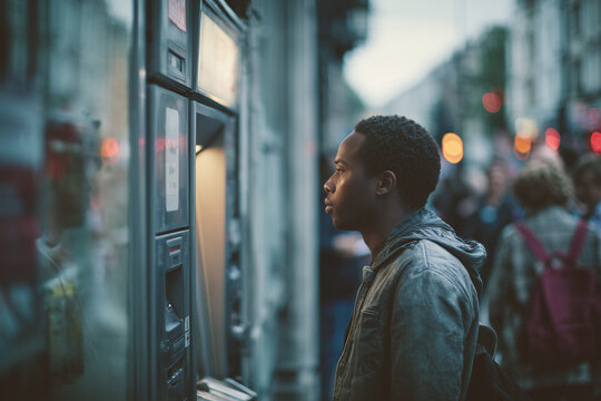 African American young man using street ATM cash machine&nbsp;