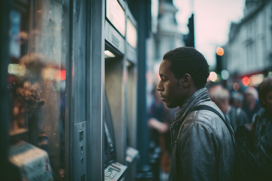 African American young man using street ATM cash machine 