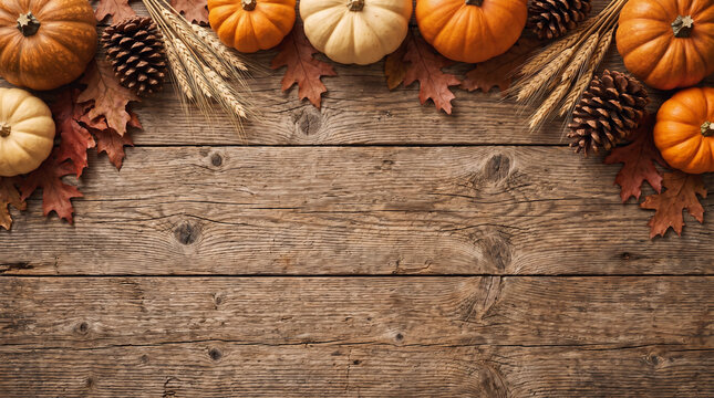 Thanksgiving Autumn Harvest Day pumpkins wheat pine cones and colorful fall leaves arranged as a top border on rustic wood table background with copy space for seasonal greeting banner