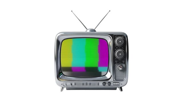 Vintage retro television set with antennas showing test color bars on the screen on a white background