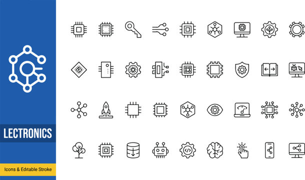 Comprehensive electronics and semiconductor technology line icon collection with electronics technology semiconductor microchip hardware engineering