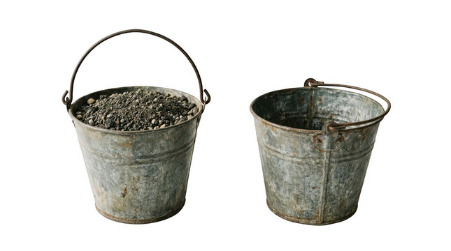 Two vintage galvanized metal buckets filled with soil and empty isolated on transparent background