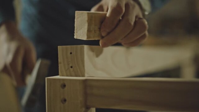Closeup of craftsman fitting tenon into mortise joint by hand, assembling timber joinery with precise alignment during woodworking process