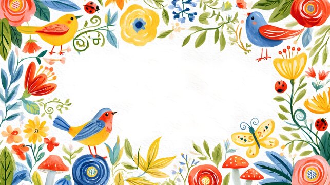 A whimsical greeting border with colorful birds, flowers, butterflies, ladybugs, vines, mushrooms, soft watercolor textures, bright spring colors.
