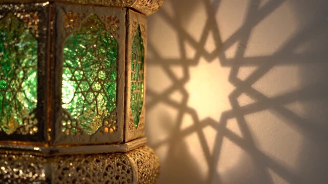 Beautiful Oriental lantern casting an intricate geometric star shadow on a wall.