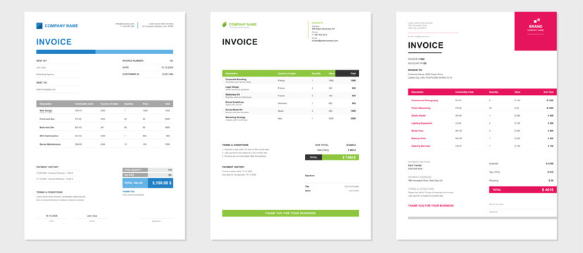 Professional invoice template set featuring clean vector graphic design layouts for corporate billing and commercial accounting tasks in modern business