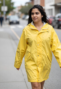 Young woman in a bright yellow raincoat walking confidently on a city street during the day, the urban environment with blurred cars and buildings forms the background